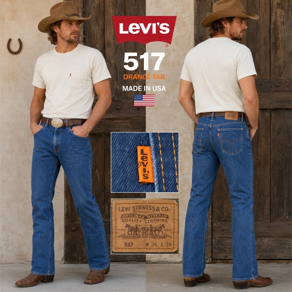 Vintage Levis 517 Orange Tab Jeans Mens 36x36 Made in USA Blue Bootcut 1992 90s